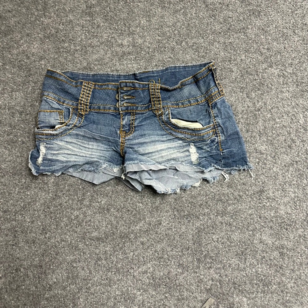 Amethyst Denim Shorts Womens Size 11/12 Blue Distressed Low Rise Raw Hem Casual